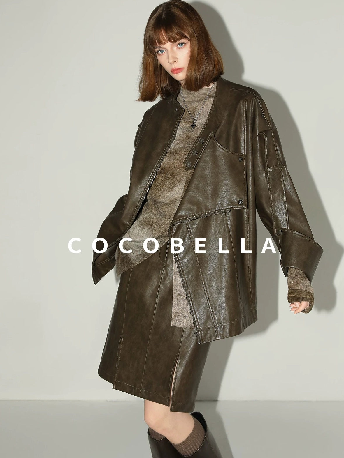 COCOBELLA Vintage Distressed High Waist Pu Pencil Straight Slit Faded City Work Skirts