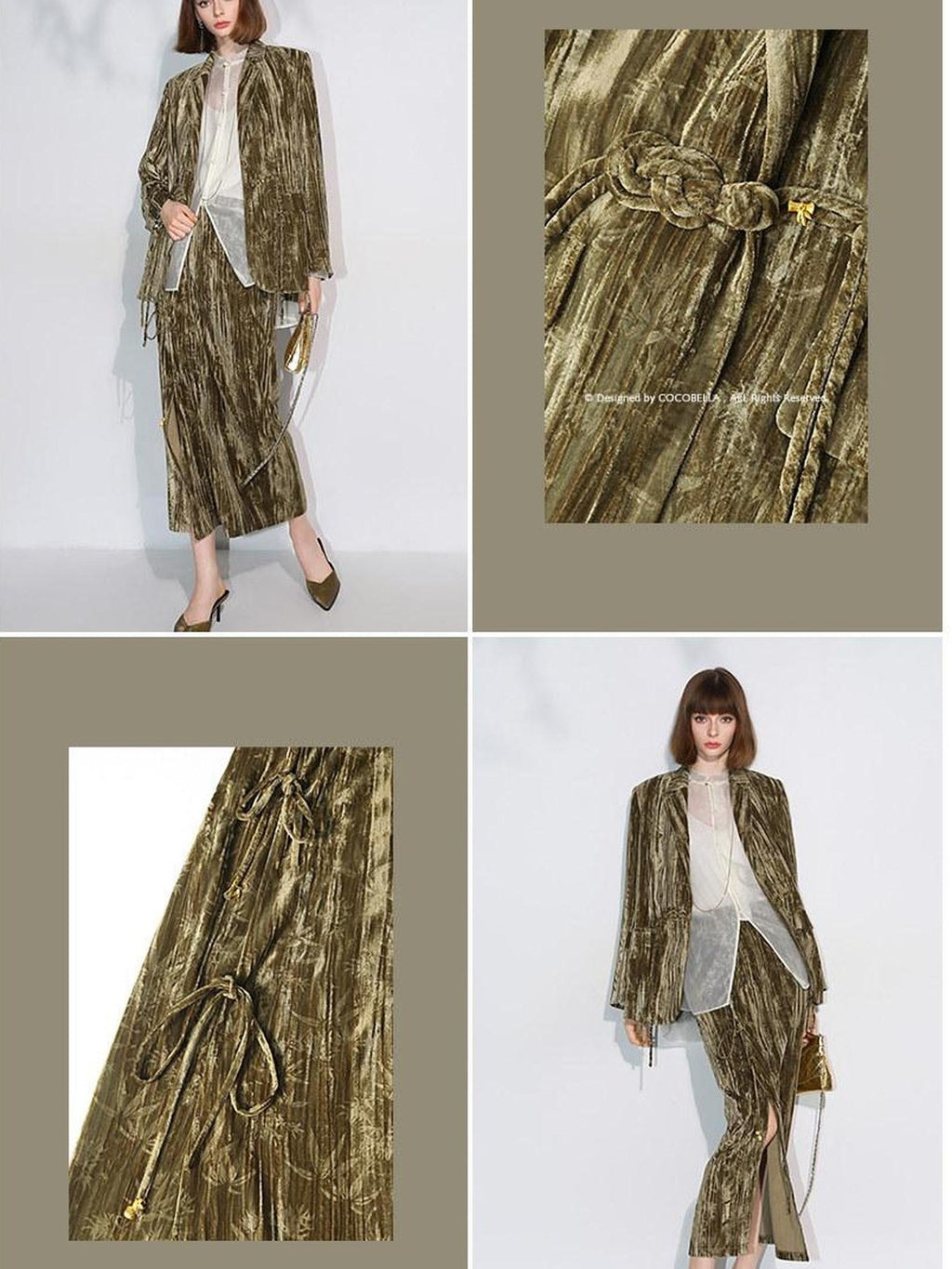 COCOBELLA Vintage Green 3D Detail Straight Notch Lapel Pockets Office Polyester Blazers