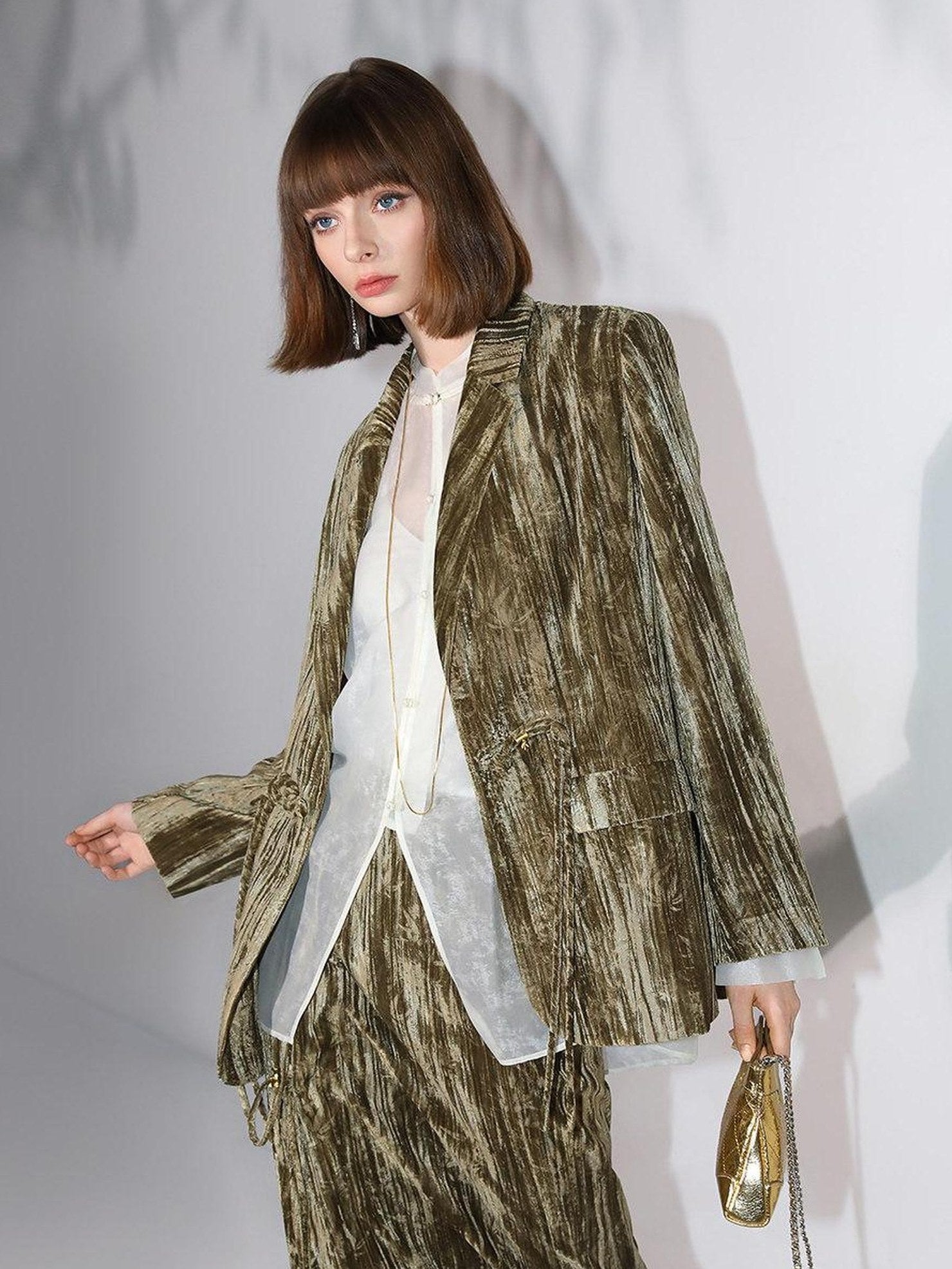 COCOBELLA Vintage Green 3D Detail Straight Notch Lapel Pockets Office Polyester Blazers