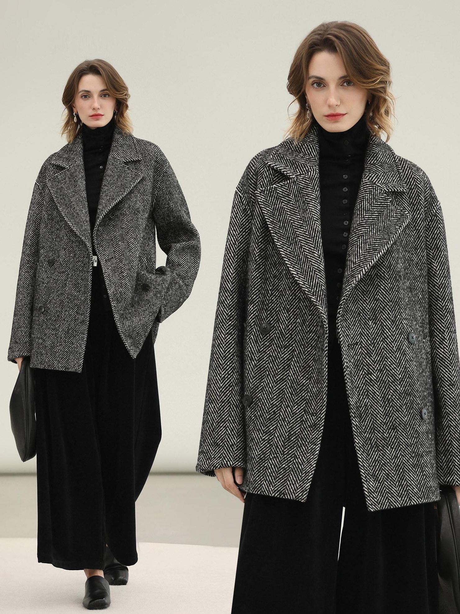 COCOBELLA Vintage Herringbone Double Breasted Straight Cut Midlength Commuter Jackets