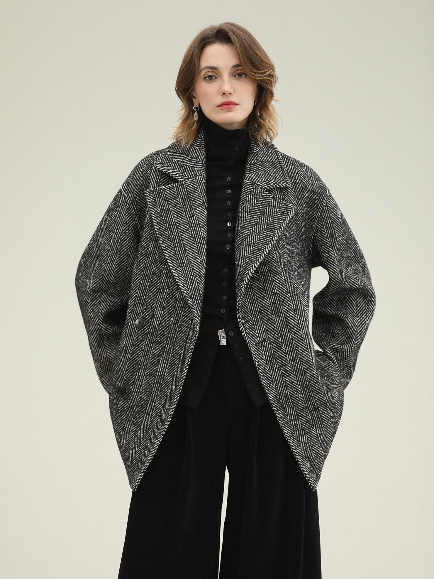 COCOBELLA Vintage Herringbone Double Breasted Straight Cut Midlength Commuter Jackets