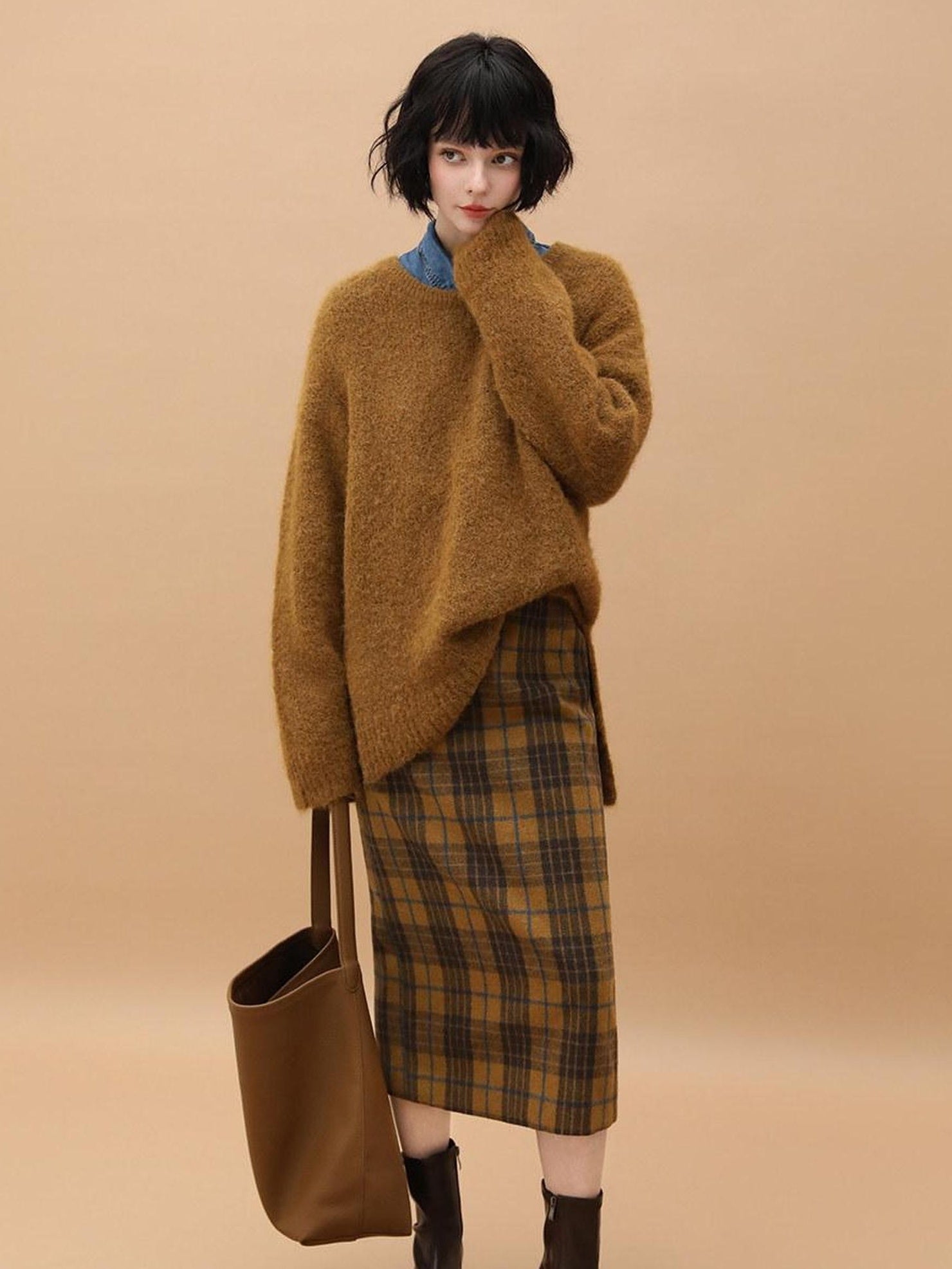 COCOBELLA Vintage High Waist Patchwork Plaid Straight H Line Work City Midi Skirts