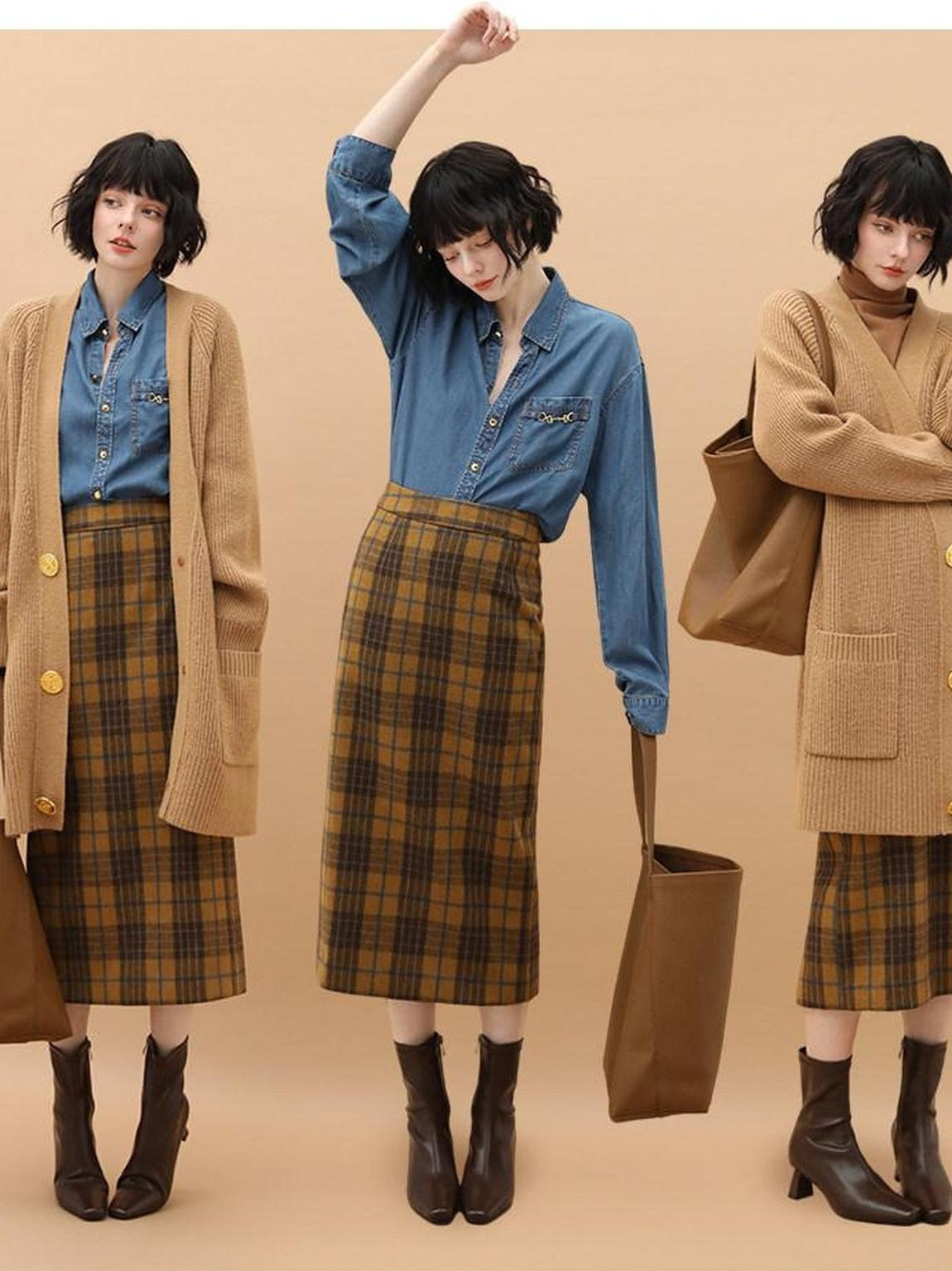 COCOBELLA Vintage High Waist Patchwork Plaid Straight H Line Work City Midi Skirts