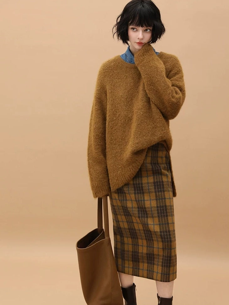 COCOBELLA Vintage High Waist Patchwork Plaid Straight H Line Work City Midi Skirts