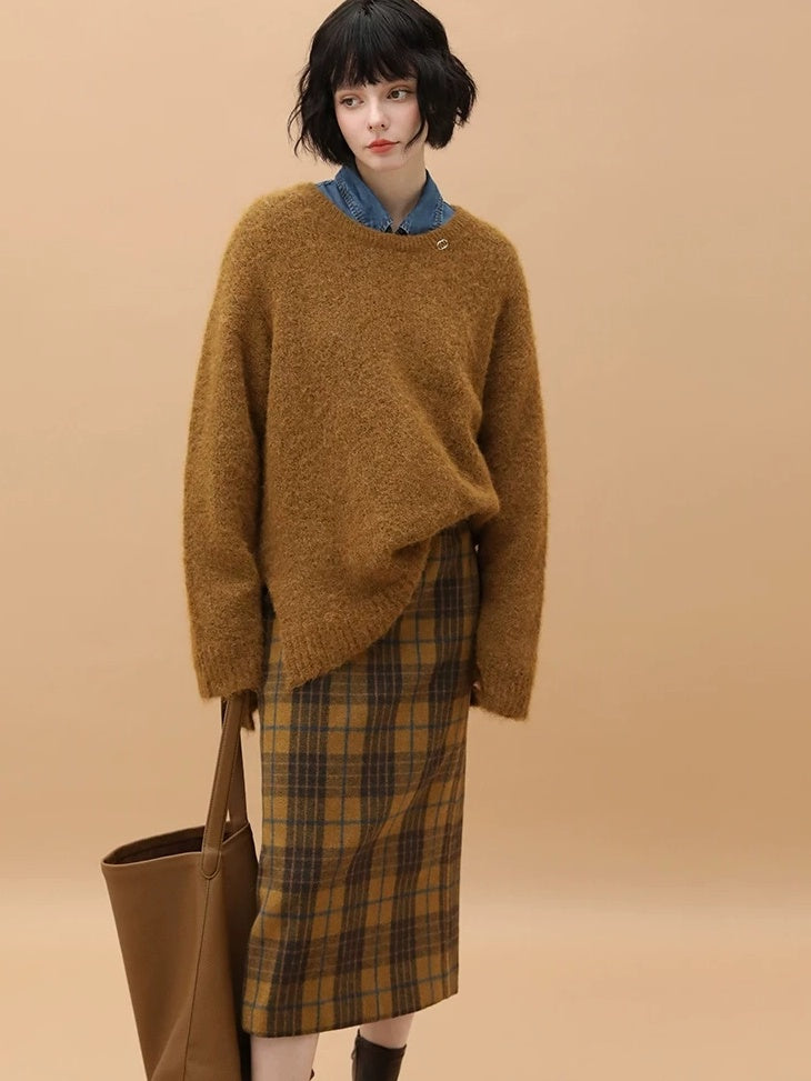 COCOBELLA Vintage High Waist Patchwork Plaid Straight H Line Work City Midi Skirts