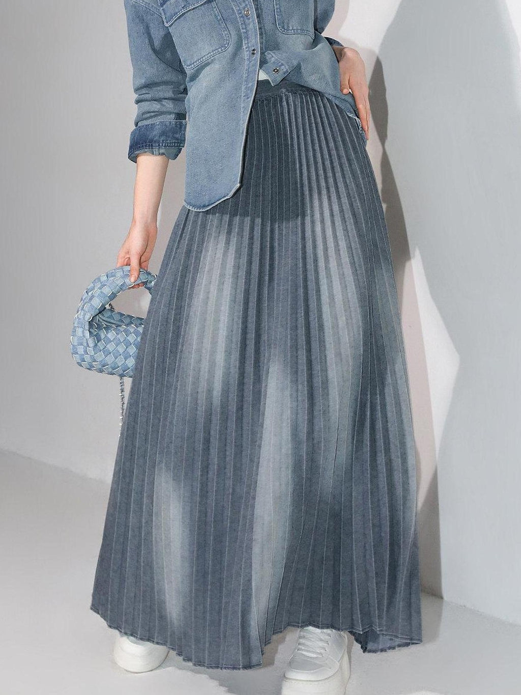 COCOBELLA Vintage Washed Denim Maxi Pleated Aline Mid Waist Cotton Blend Women Skirts