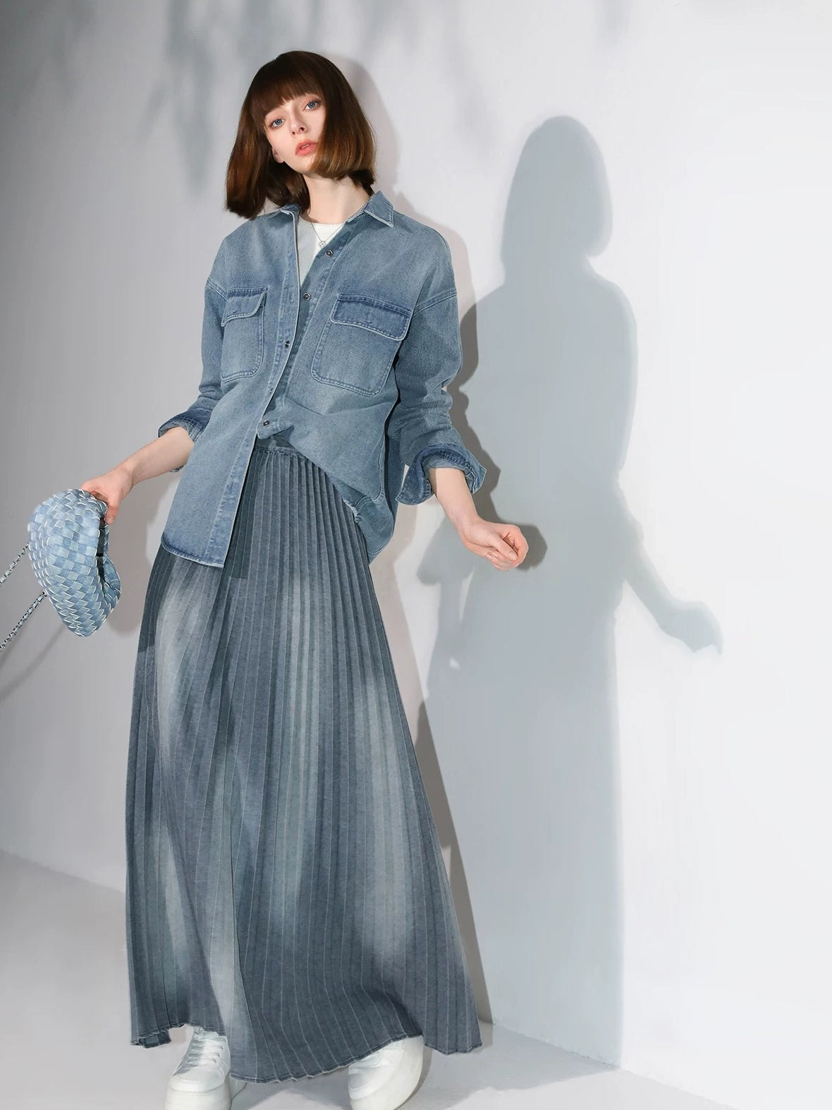 COCOBELLA Vintage Washed Denim Maxi Pleated Aline Mid Waist Cotton Blend Women Skirts