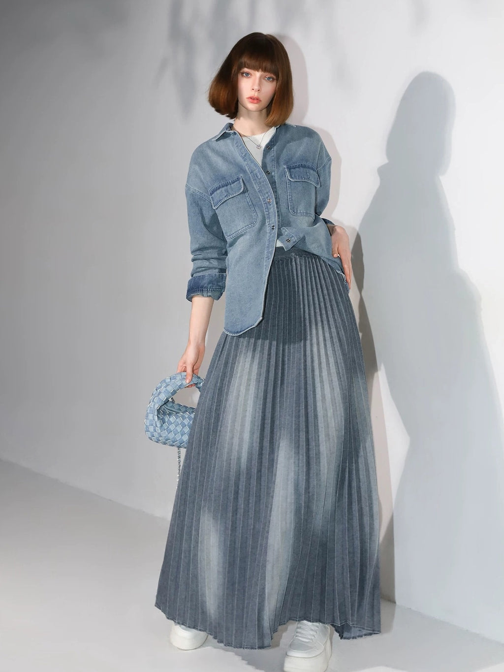 COCOBELLA Vintage Washed Denim Maxi Pleated Aline Mid Waist Cotton Blend Women Skirts