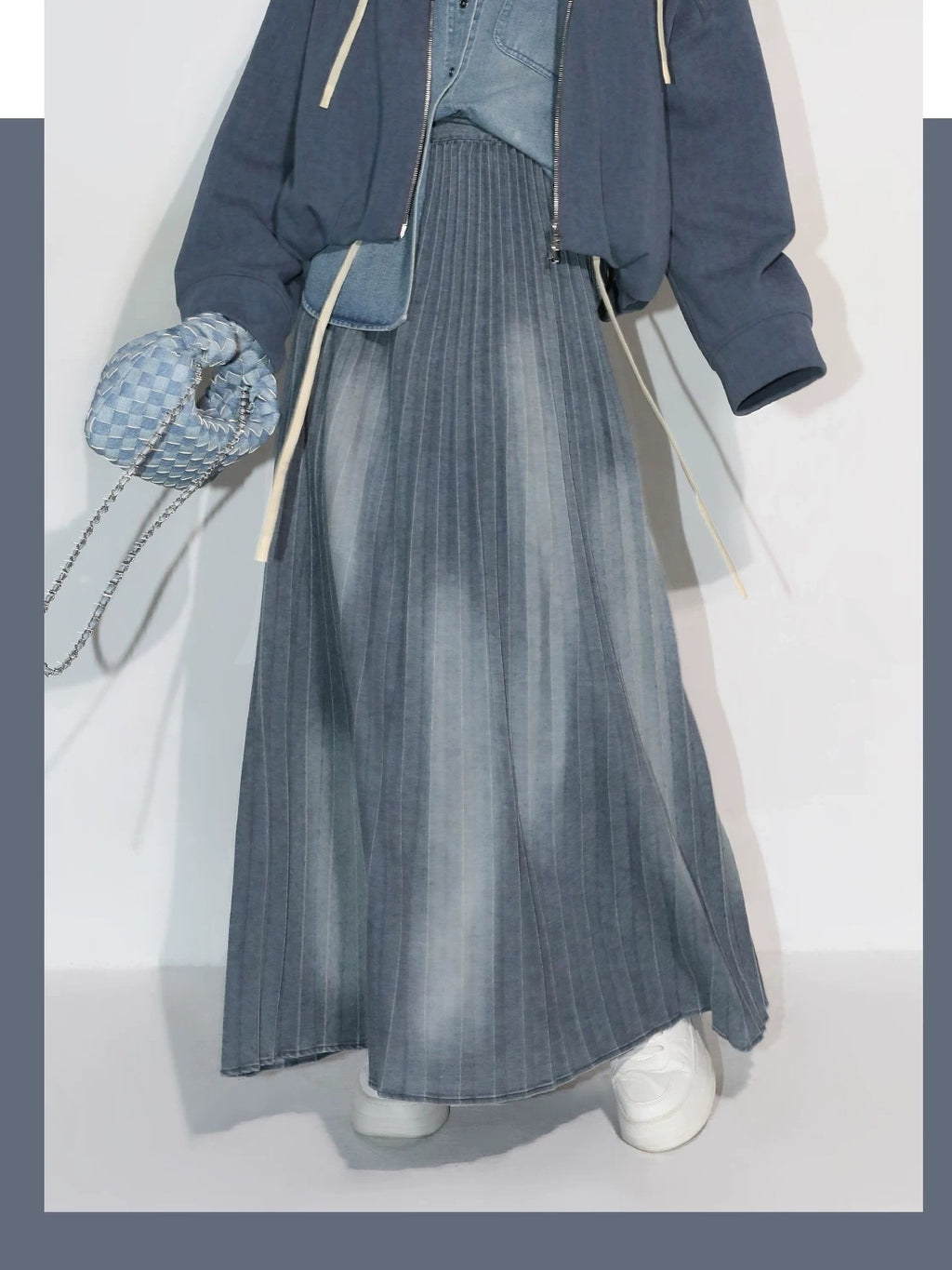 COCOBELLA Vintage Washed Denim Maxi Pleated Aline Mid Waist Cotton Blend Women Skirts