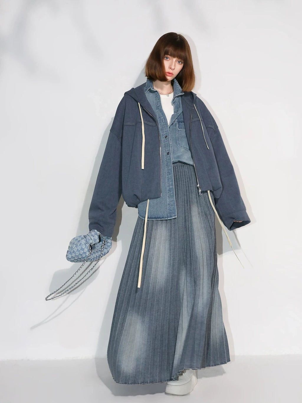 COCOBELLA Vintage Washed Denim Maxi Pleated Aline Mid Waist Cotton Blend Women Skirts