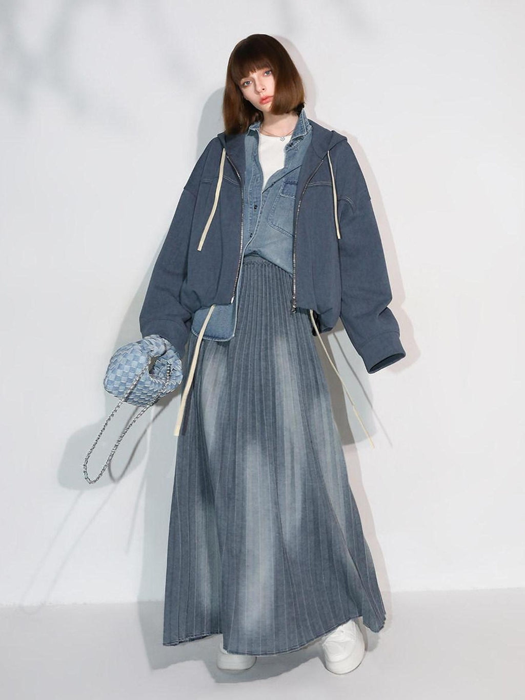 COCOBELLA Vintage Washed Denim Maxi Pleated Aline Mid Waist Cotton Blend Women Skirts