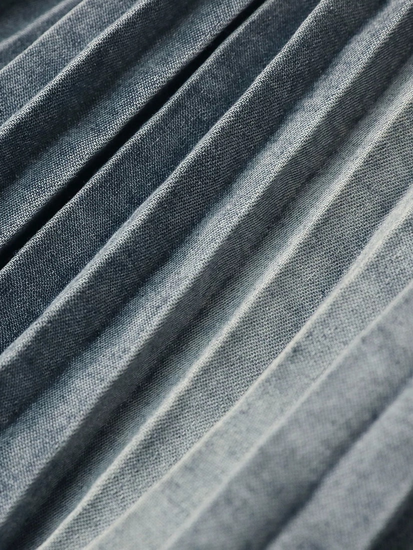 COCOBELLA Vintage Washed Denim Maxi Pleated Aline Mid Waist Cotton Blend Women Skirts