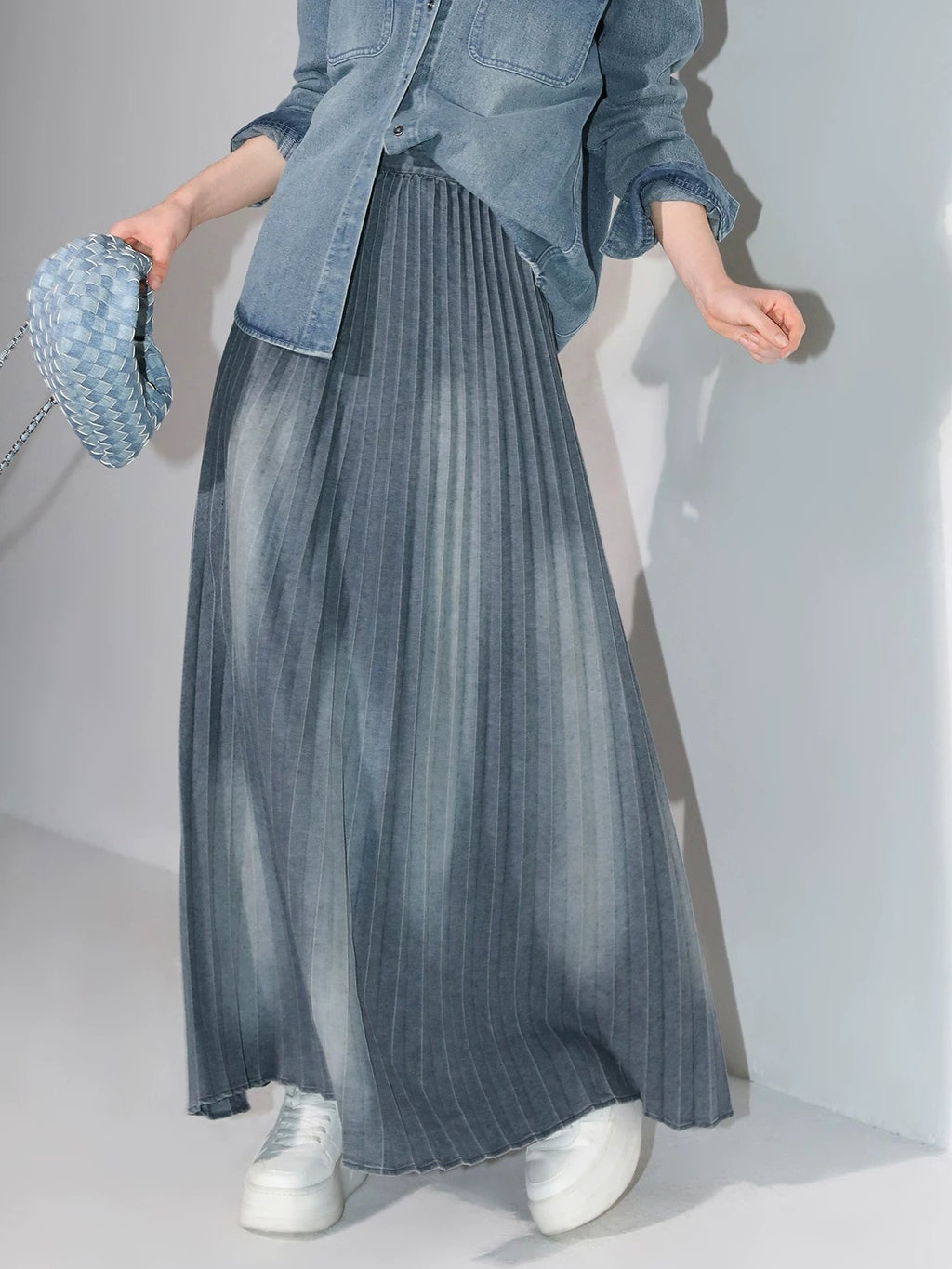 COCOBELLA Vintage Washed Denim Maxi Pleated Aline Mid Waist Cotton Blend Women Skirts