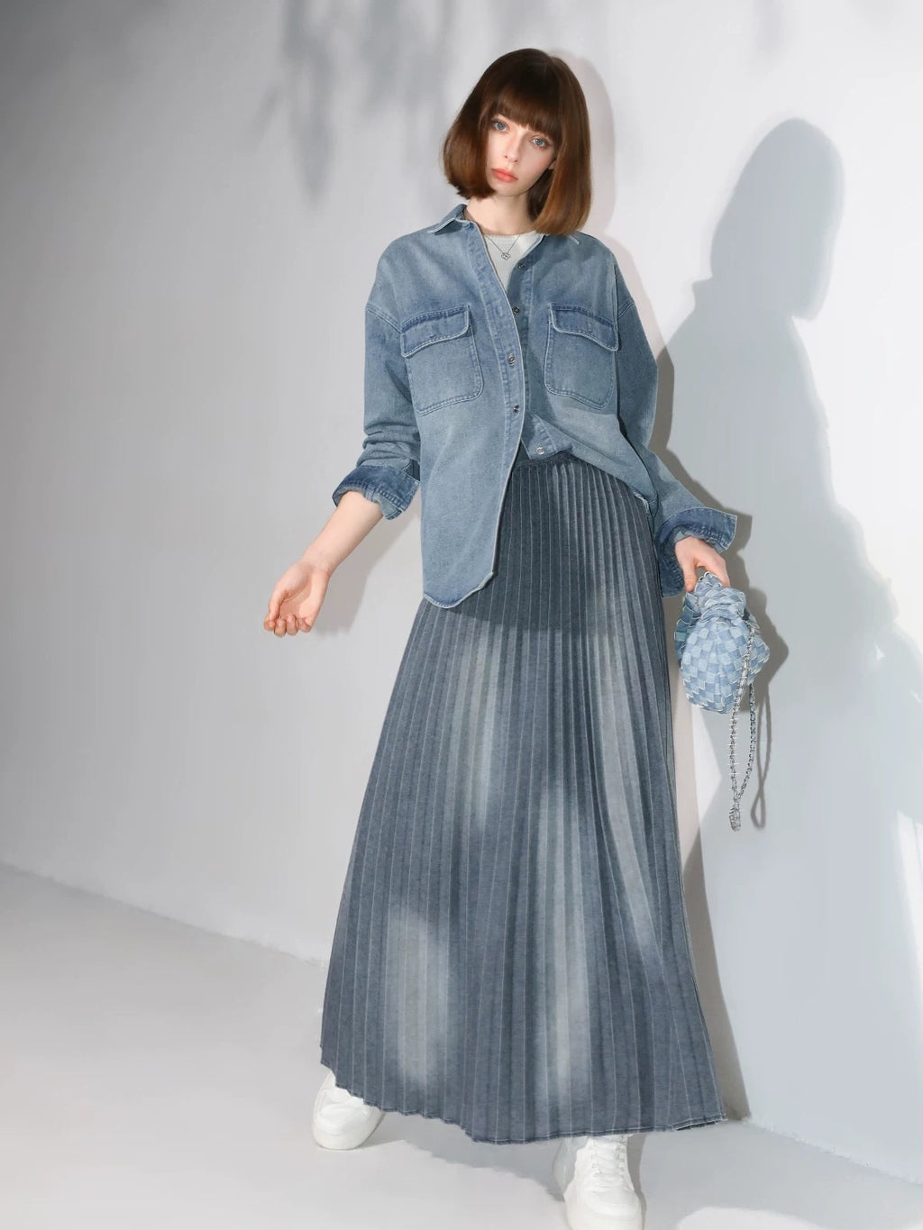 COCOBELLA Vintage Washed Denim Maxi Pleated Aline Mid Waist Cotton Blend Women Skirts