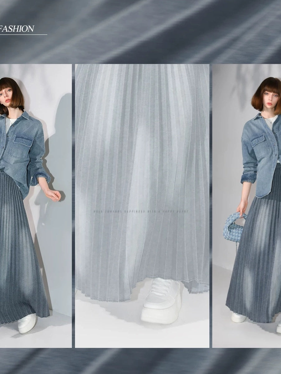 COCOBELLA Vintage Washed Denim Maxi Pleated Aline Mid Waist Cotton Blend Women Skirts