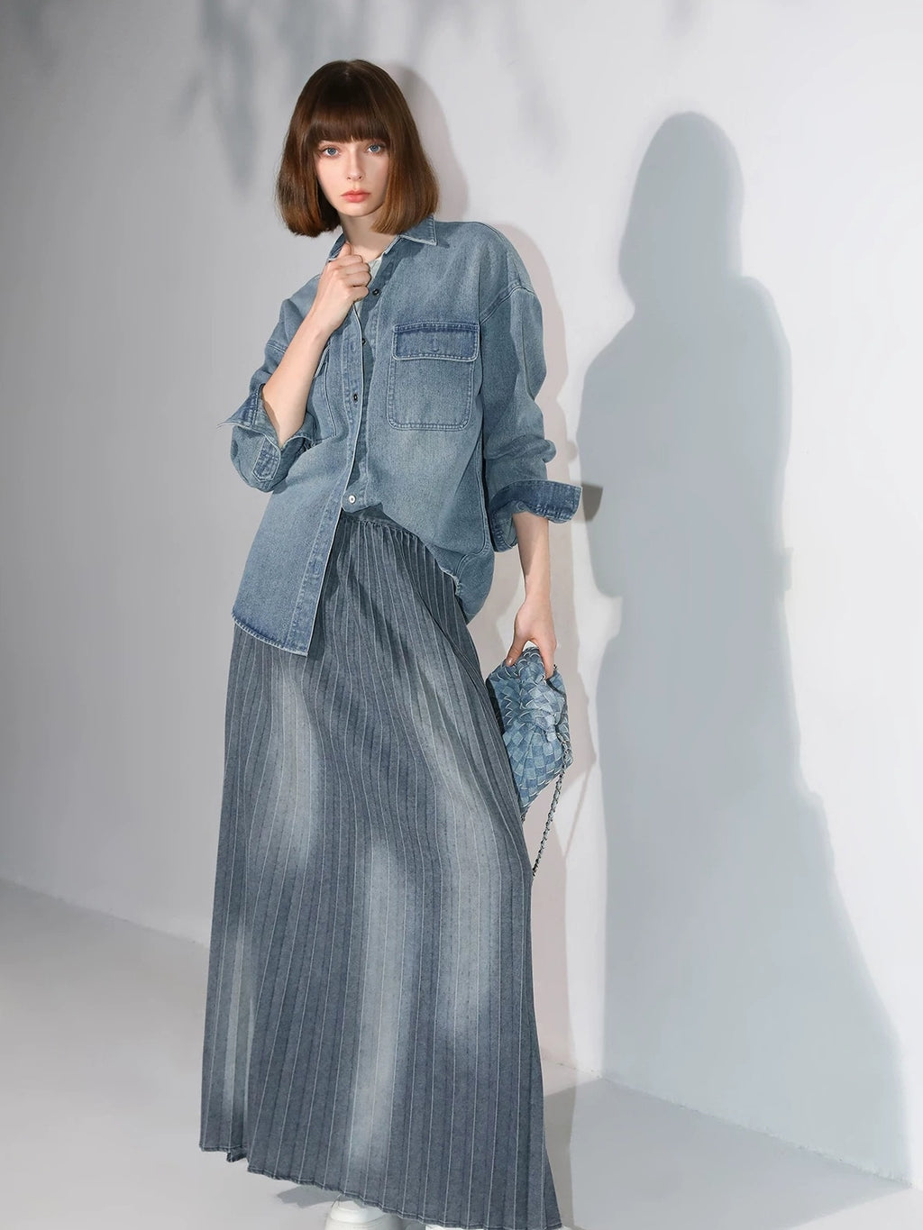 COCOBELLA Vintage Washed Denim Maxi Pleated Aline Mid Waist Cotton Blend Women Skirts