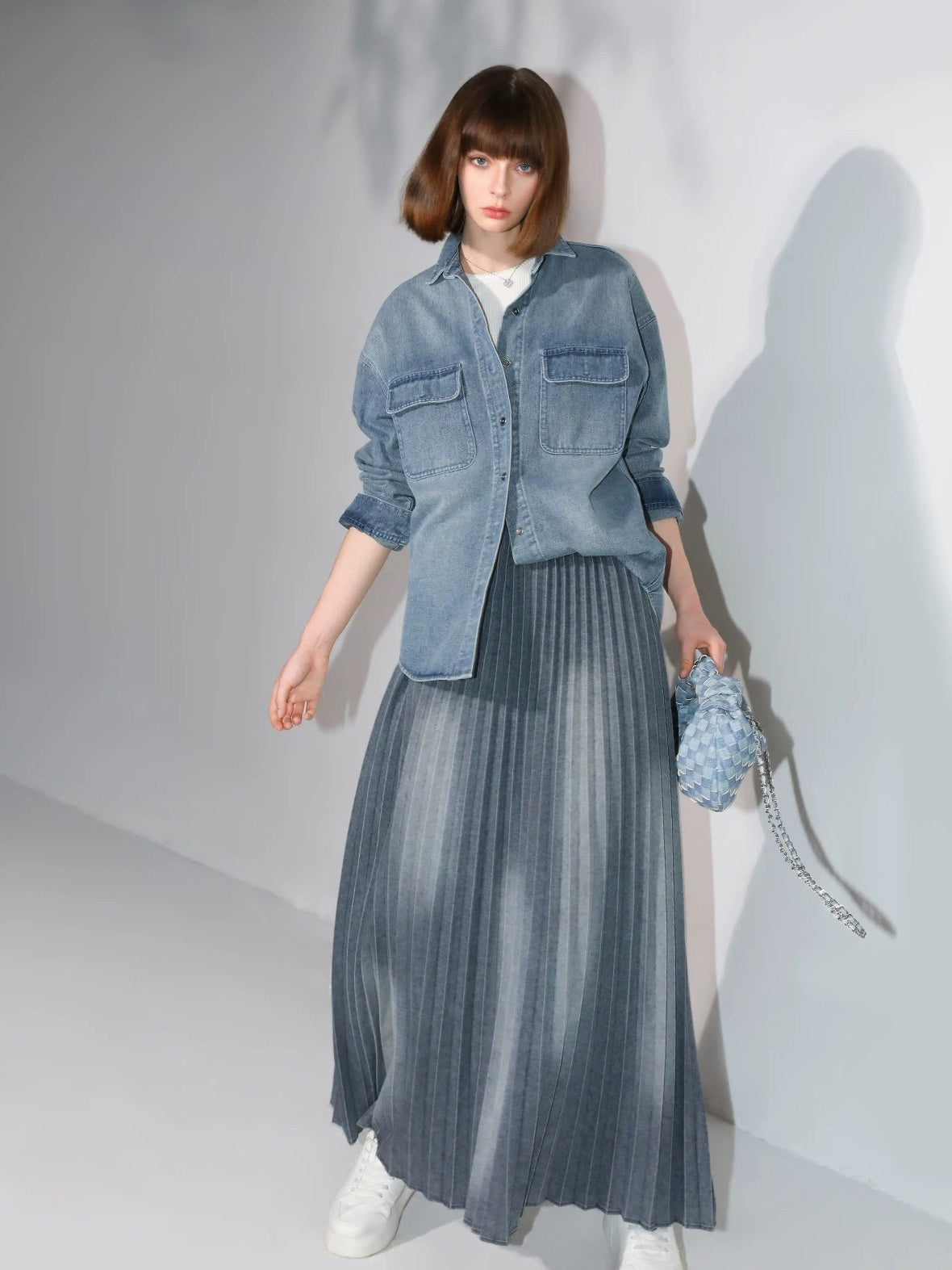 COCOBELLA Vintage Washed Denim Maxi Pleated Aline Mid Waist Cotton Blend Women Skirts