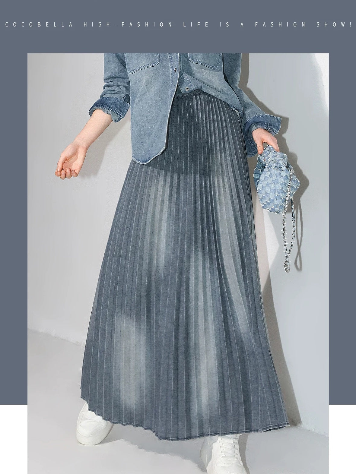 COCOBELLA Vintage Washed Denim Maxi Pleated Aline Mid Waist Cotton Blend Women Skirts