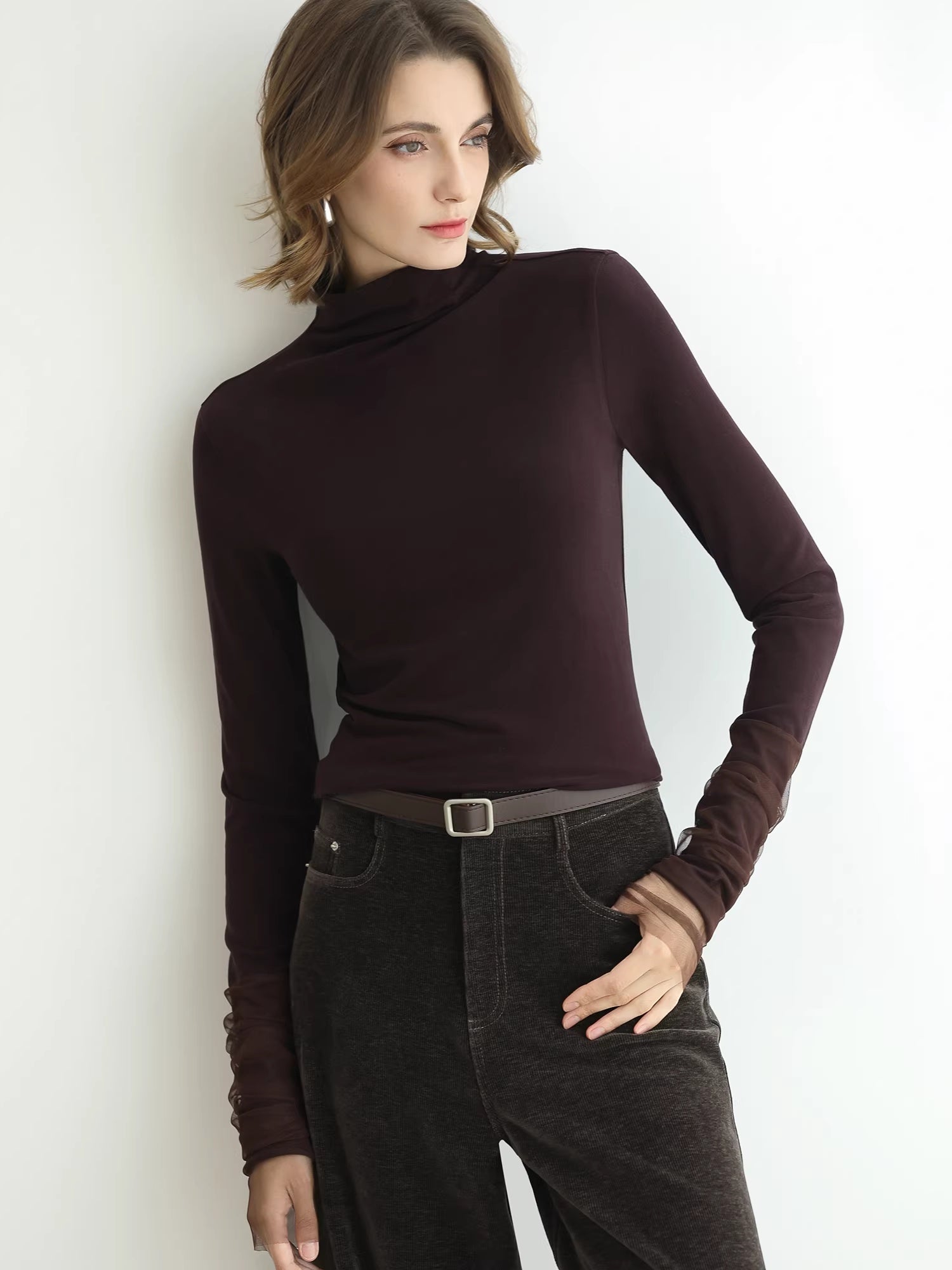 COCOBELLA_Viscose_Blend_Minimal_Slim_Fit_High_Neck_Mesh_Long_Sleeve_Women_T-Shirts_MISSTT