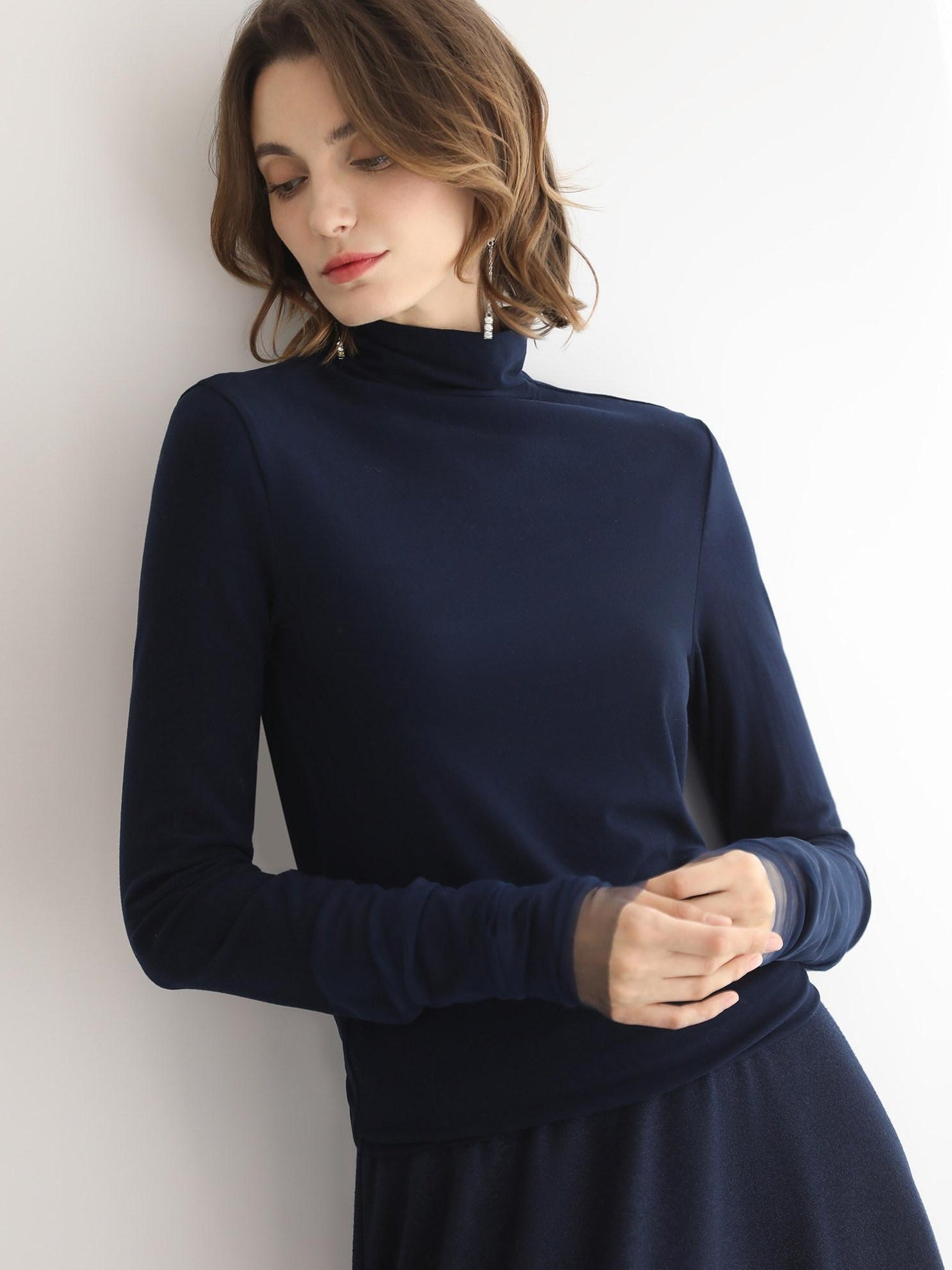 COCOBELLA Viscose Blend Minimal Slim Fit High Neck Mesh Long Sleeve Women T-Shirts