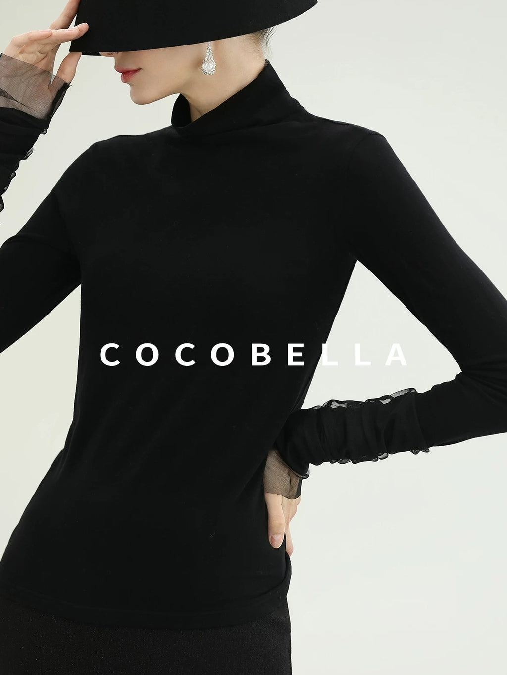 COCOBELLA Viscose Blend Minimal Slim Fit High Neck Mesh Long Sleeve Women T-Shirts