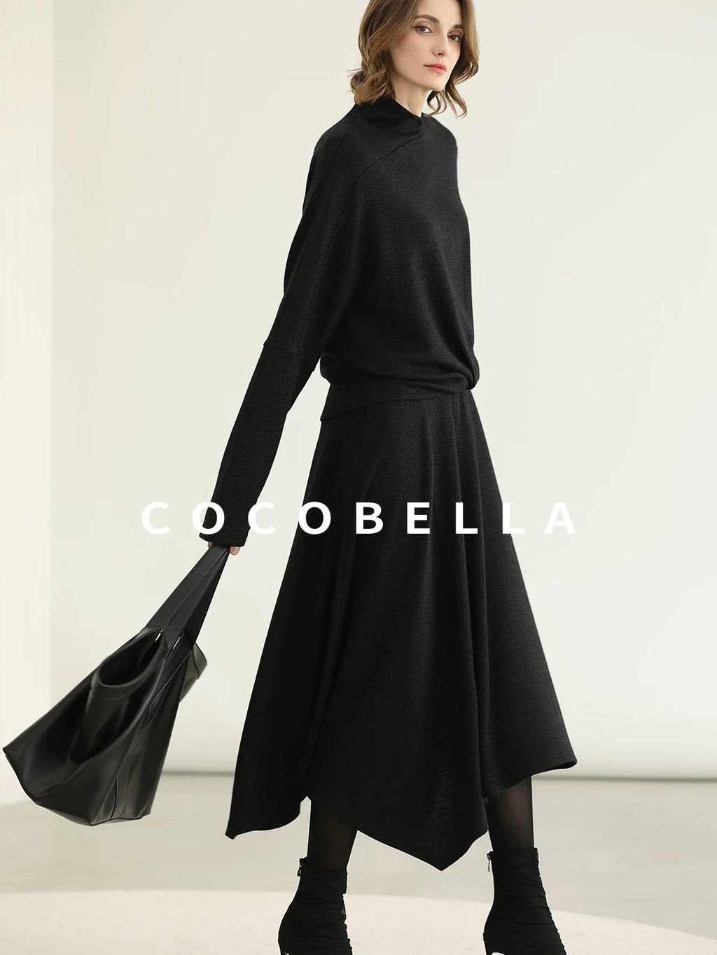 COCOBELLA Viscose Blend Patchwork Elegant Loose Fit Stand Collar Women Knit Sweater