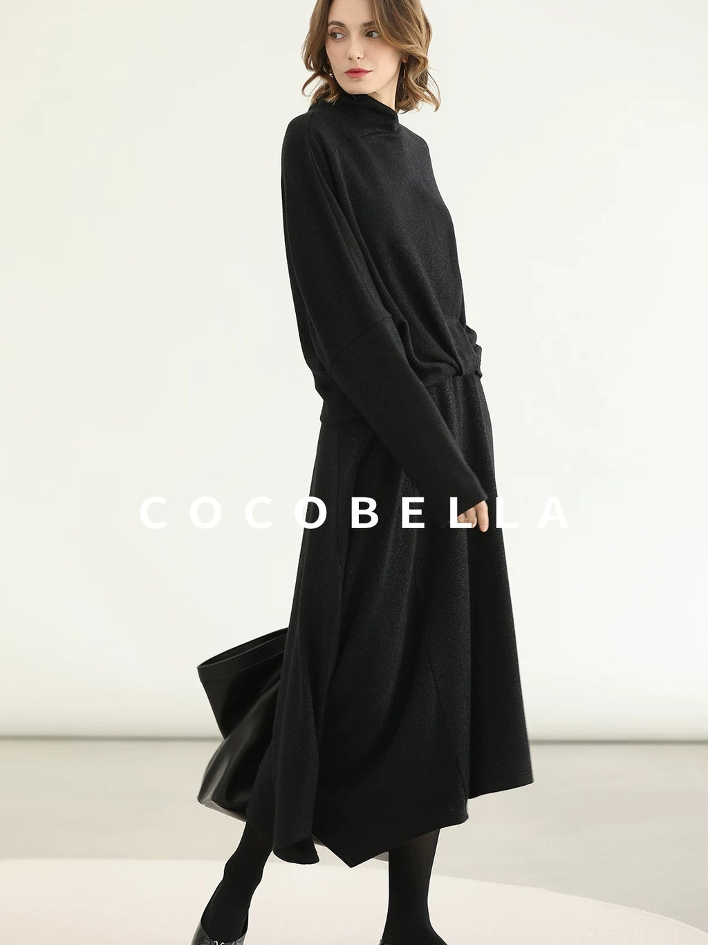 COCOBELLA Viscose Blend Patchwork Elegant Loose Fit Stand Collar Women Knit Sweater