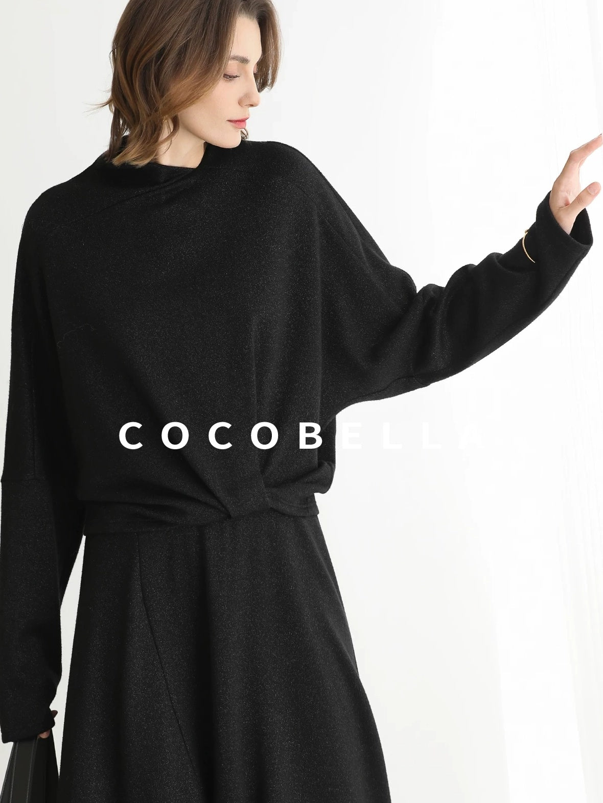 COCOBELLA Viscose Blend Patchwork Elegant Loose Fit Stand Collar Women Knit Sweater