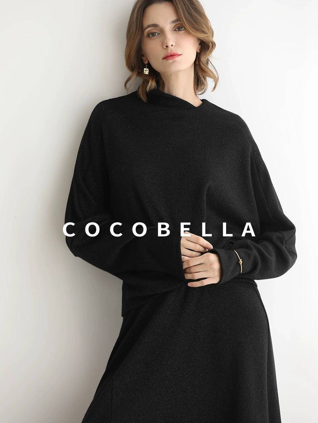 COCOBELLA Viscose Blend Patchwork Elegant Loose Fit Stand Collar Women Knit Sweater