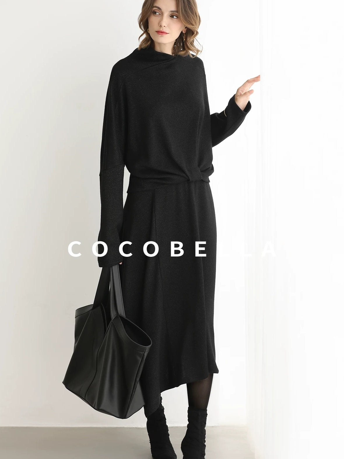 COCOBELLA Viscose Blend Patchwork Elegant Loose Fit Stand Collar Women Knit Sweater