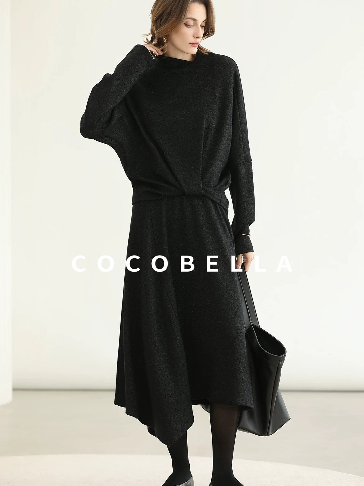 COCOBELLA Viscose Blend Patchwork Elegant Loose Fit Stand Collar Women Knit Sweater