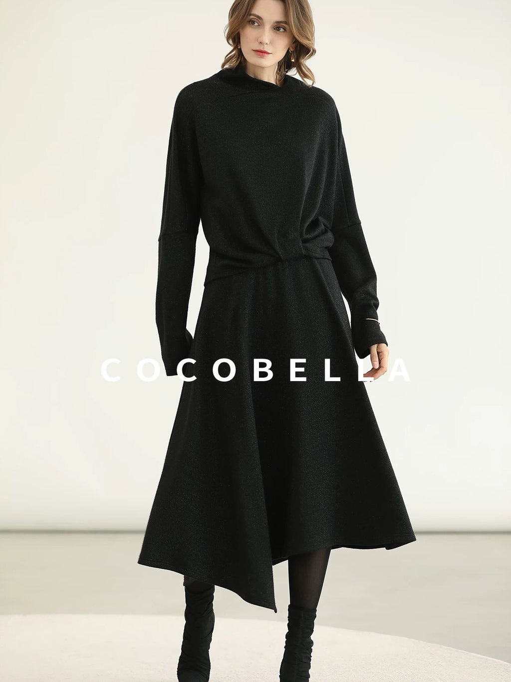 COCOBELLA Viscose Blend Patchwork Elegant Loose Fit Stand Collar Women Knit Sweater