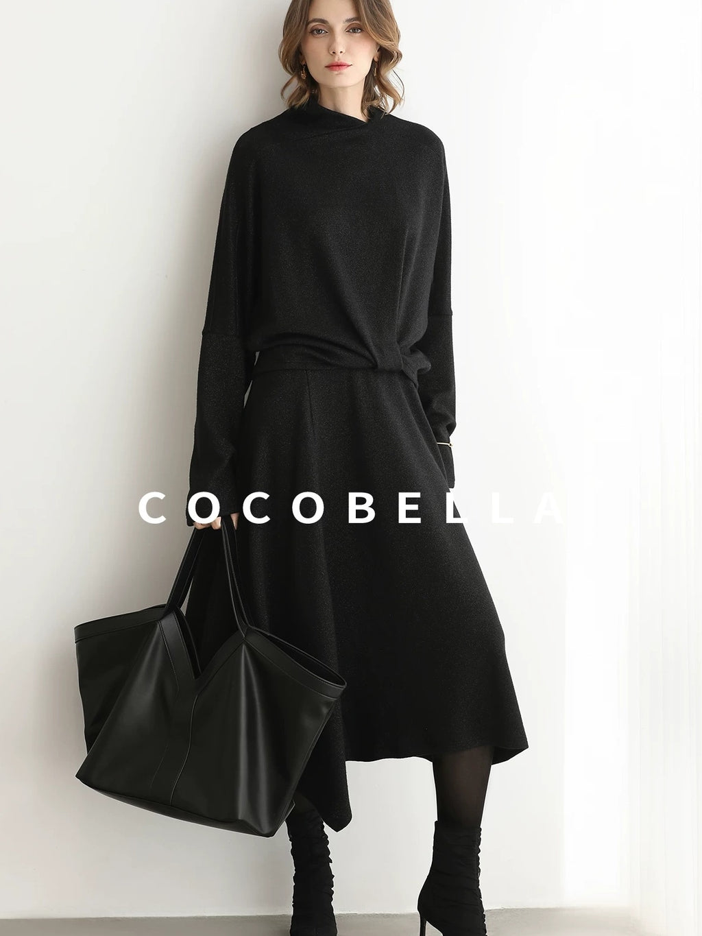 COCOBELLA Viscose Blend Patchwork Elegant Loose Fit Stand Collar Women Knit Sweater