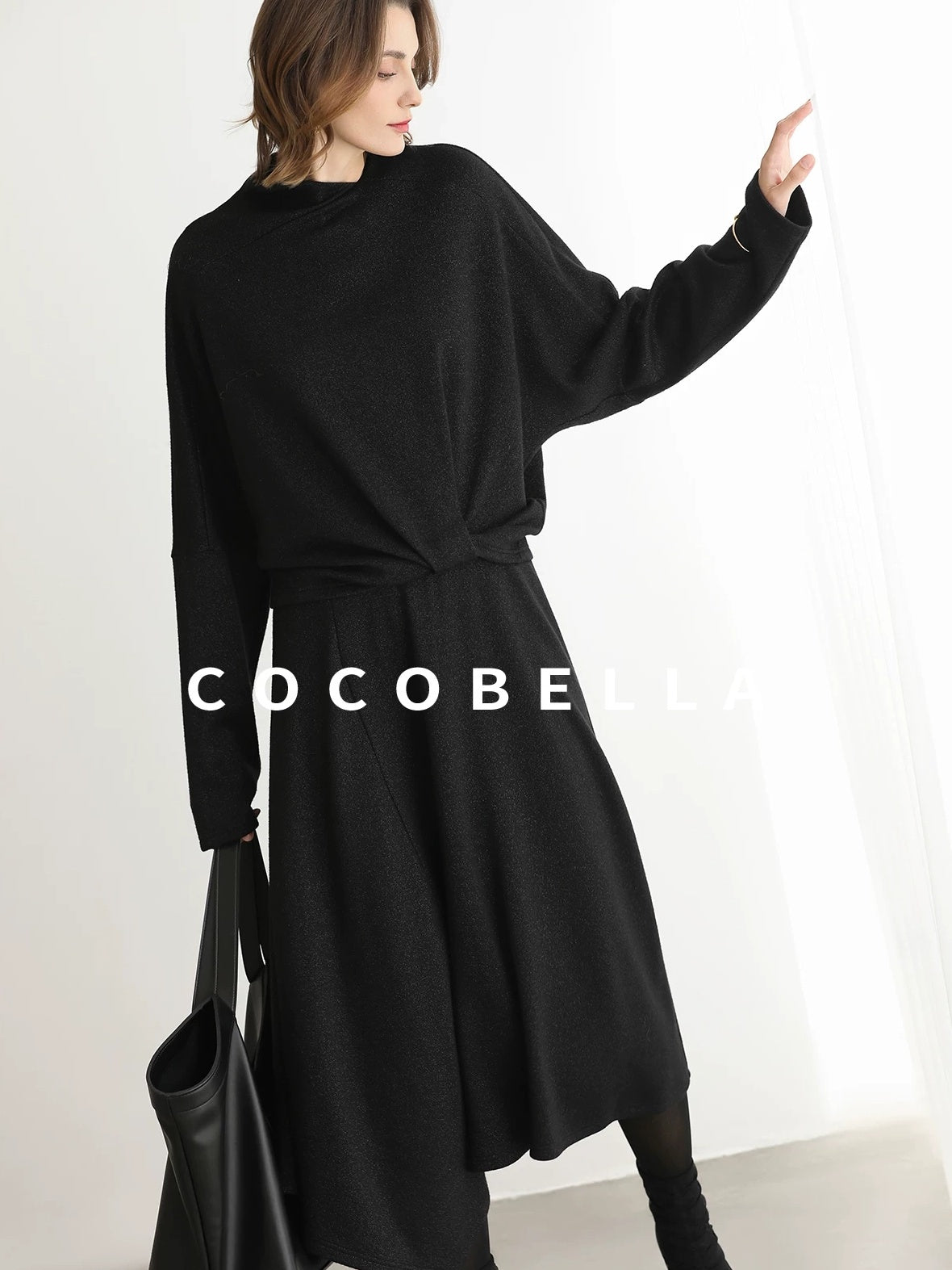 COCOBELLA Viscose Blend Patchwork Elegant Loose Fit Stand Collar Women Knit Sweater