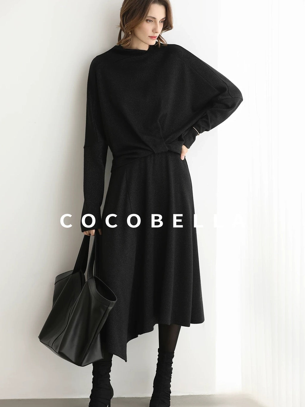 COCOBELLA Viscose Blend Patchwork Elegant Loose Fit Stand Collar Women Knit Sweater