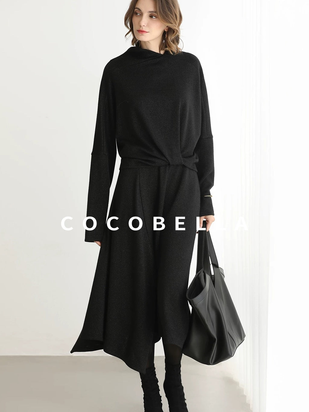 COCOBELLA Viscose Blend Patchwork Elegant Loose Fit Stand Collar Women Knit Sweater