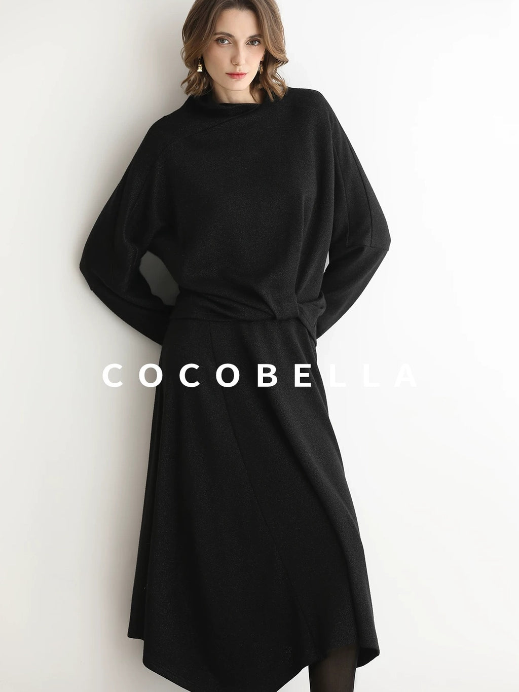 COCOBELLA Viscose Blend Patchwork Elegant Loose Fit Stand Collar Women Knit Sweater