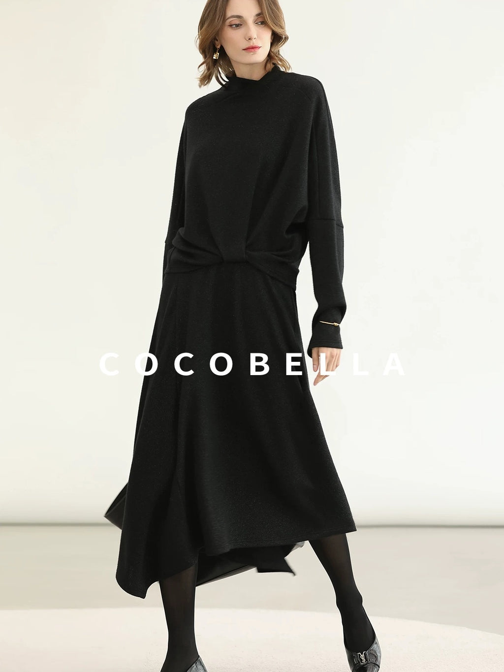 COCOBELLA Viscose Blend Patchwork Elegant Loose Fit Stand Collar Women Knit Sweater