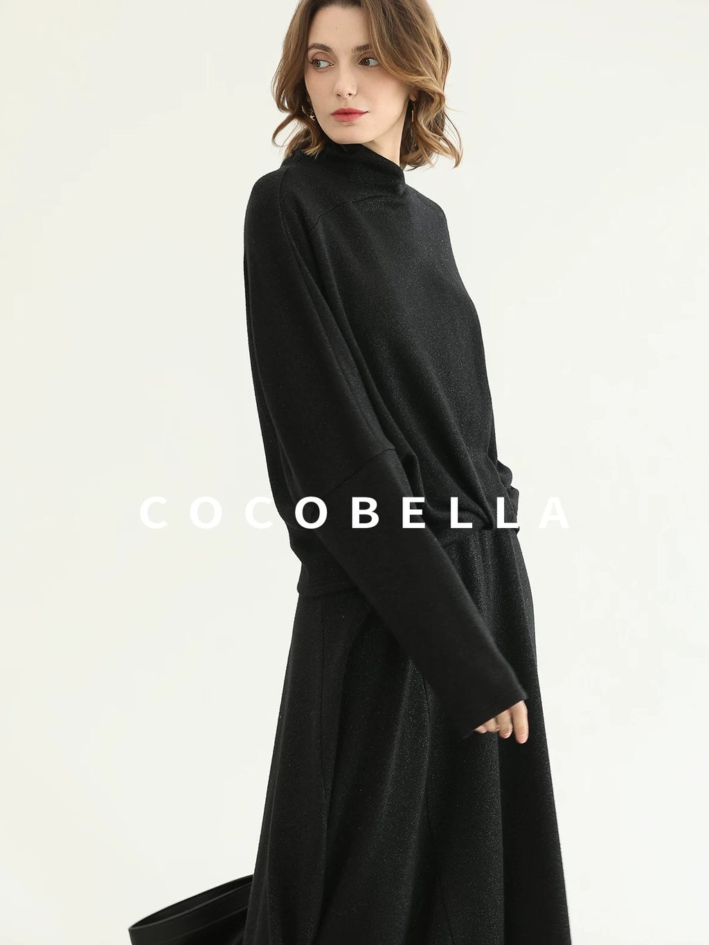 COCOBELLA Viscose Blend Patchwork Elegant Loose Fit Stand Collar Women Knit Sweater