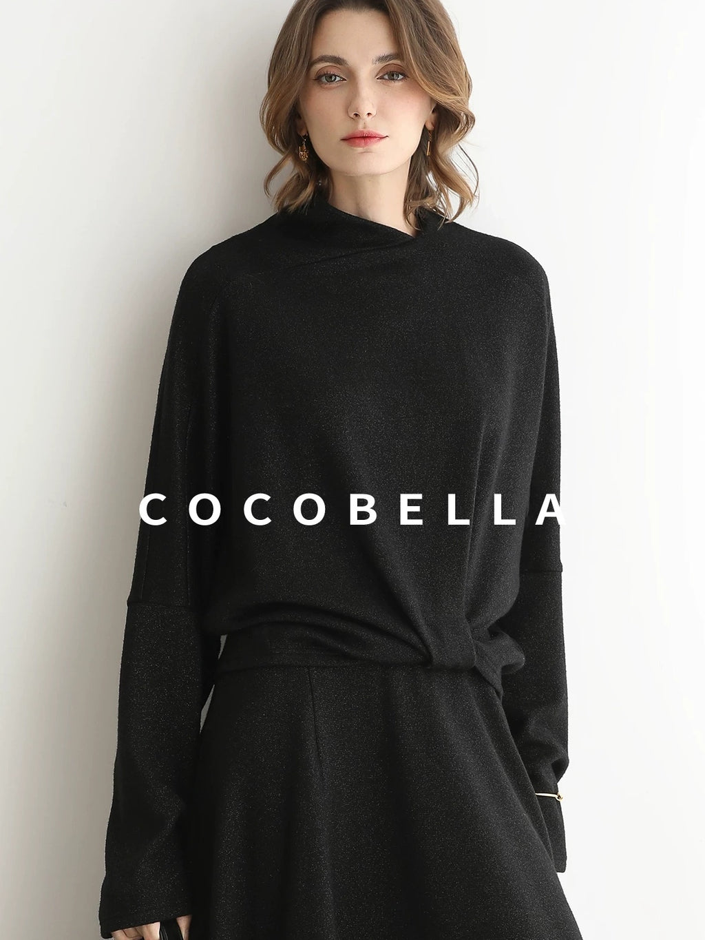 COCOBELLA Viscose Blend Patchwork Elegant Loose Fit Stand Collar Women Knit Sweater