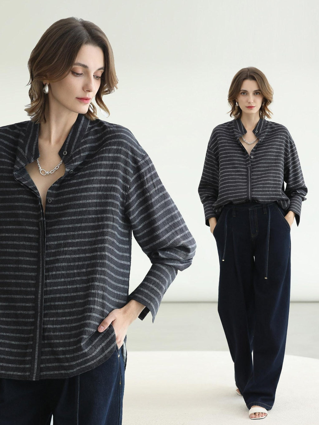 COCOBELLA Viscose Blend Stand Collar Loose Fit Navy Stripe Button Women Commuter Shirts