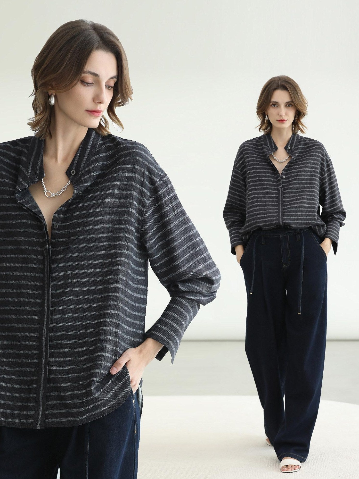 COCOBELLA Viscose Blend Stand Collar Loose Fit Navy Stripe Button Women Commuter Shirts