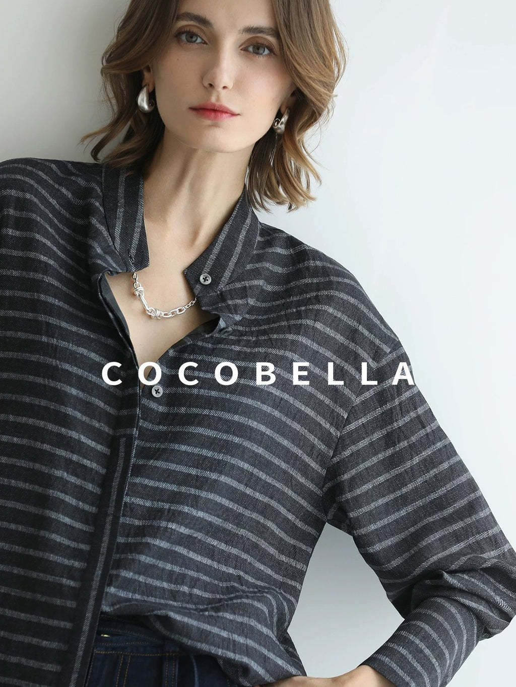 COCOBELLA Viscose Blend Stand Collar Loose Fit Navy Stripe Button Women Commuter Shirts