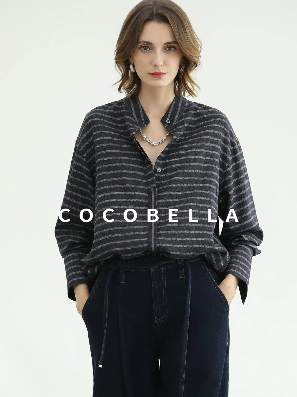 COCOBELLA Viscose Blend Stand Collar Loose Fit Navy Stripe Button Women Commuter Shirts
