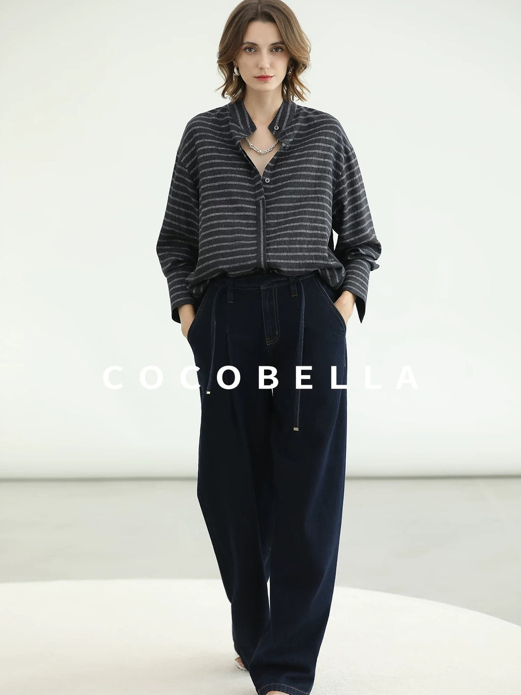 COCOBELLA Viscose Blend Stand Collar Loose Fit Navy Stripe Button Women Commuter Shirts