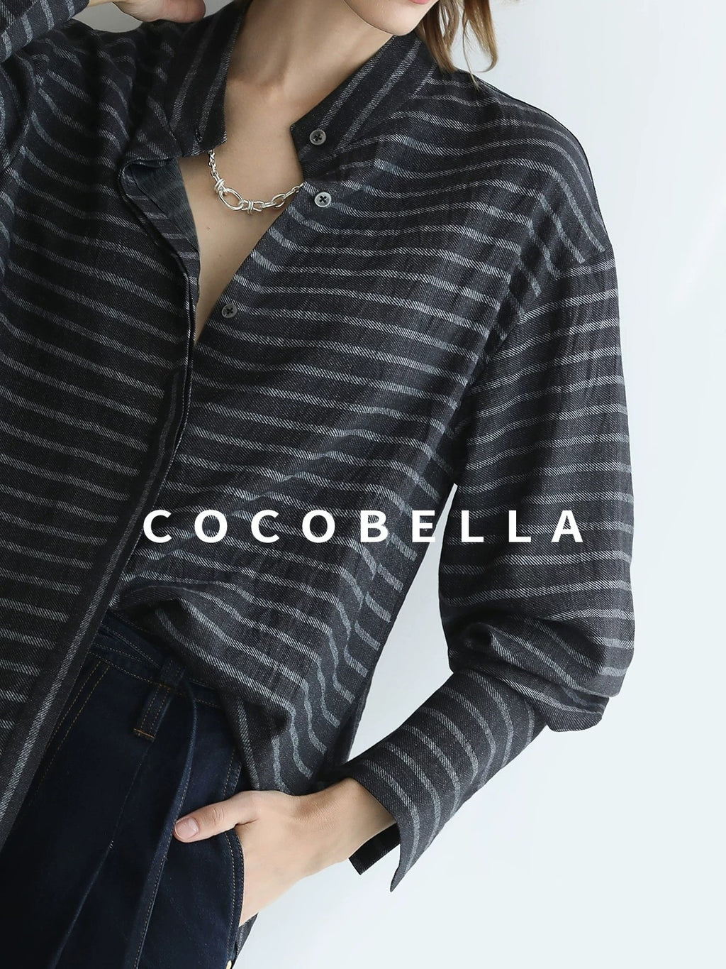 COCOBELLA Viscose Blend Stand Collar Loose Fit Navy Stripe Button Women Commuter Shirts
