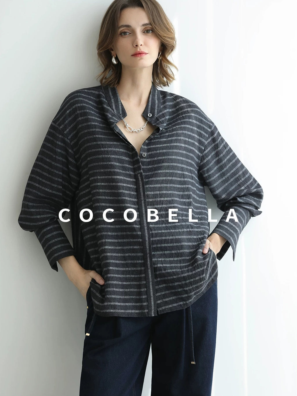 COCOBELLA Viscose Blend Stand Collar Loose Fit Navy Stripe Button Women Commuter Shirts