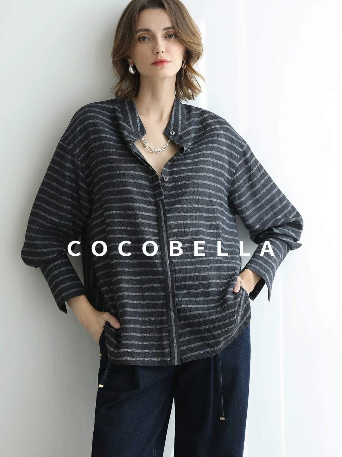 COCOBELLA Viscose Blend Stand Collar Loose Fit Navy Stripe Button Women Commuter Shirts