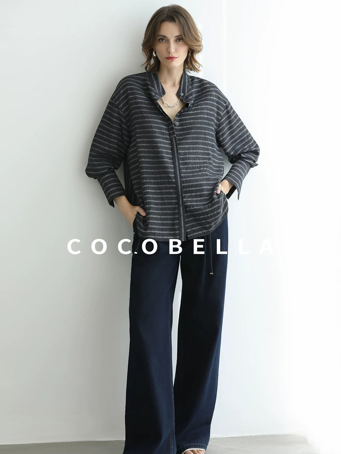 COCOBELLA Viscose Blend Stand Collar Loose Fit Navy Stripe Button Women Commuter Shirts