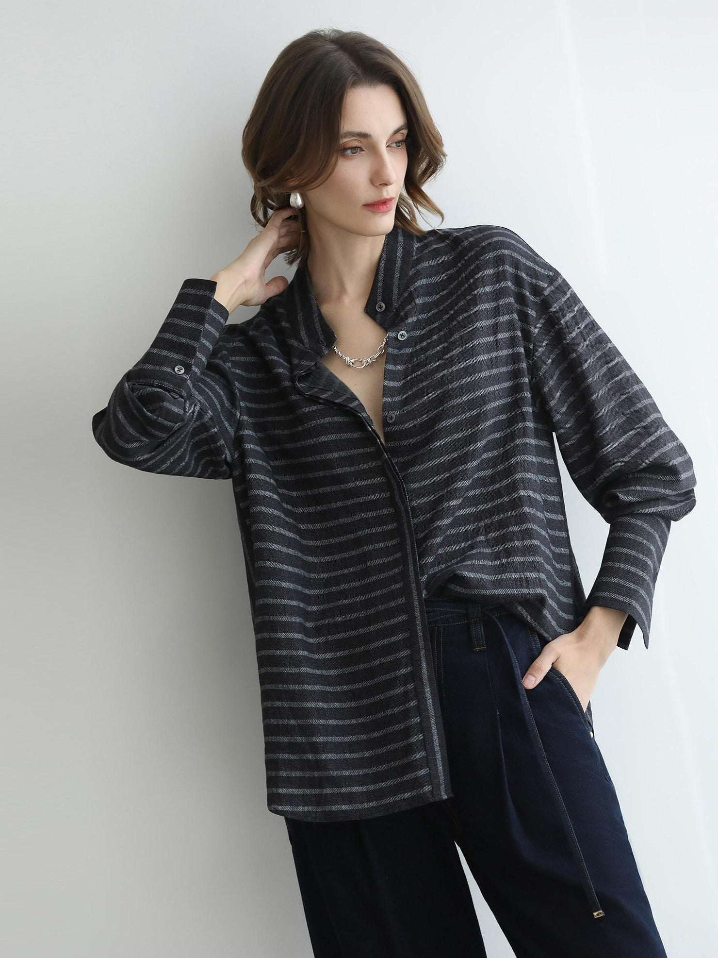 COCOBELLA Viscose Blend Stand Collar Loose Fit Navy Stripe Button Women Commuter Shirts